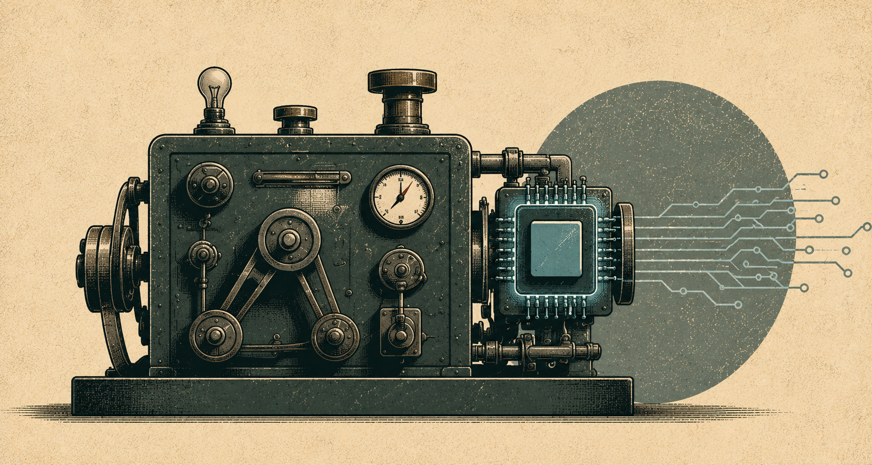 A mechanical machine connected to a computer chip and digital pathways